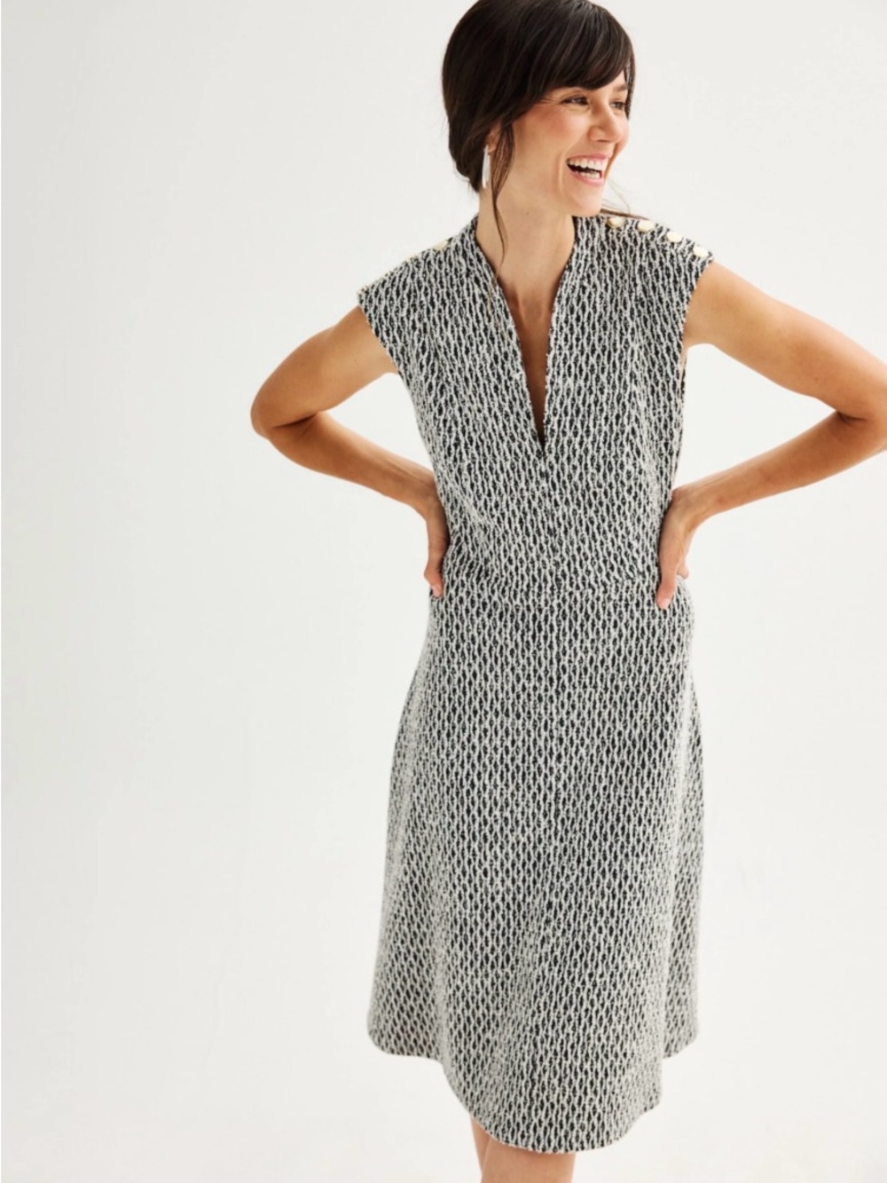 Andrew Marc Black and White Patterned Cap-Sleeve Dress
